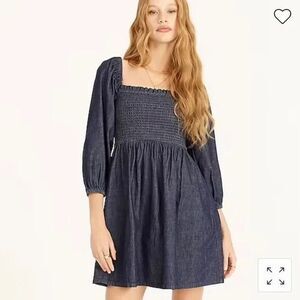 J.Crew Size XXS Smocked Puff Sleeve Mini Dress in Chambray  Blue 100% Cotton NWT